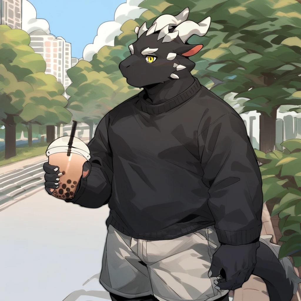 score_9_up, score_8_up, score_7_up, source_furry, mikus-kounfuyu, black dragon, black body, white horns, yellow eyes, park, holding, bubble tea, black sweater, gray shorts, 1boy, solo