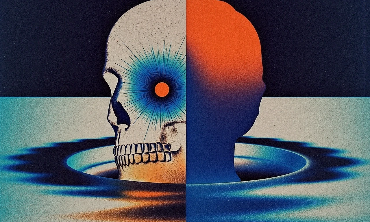 WH1T3 style, rough print, film grain, symbolic style, skull, process of decay, quantum waves, chromatic quantum reflection