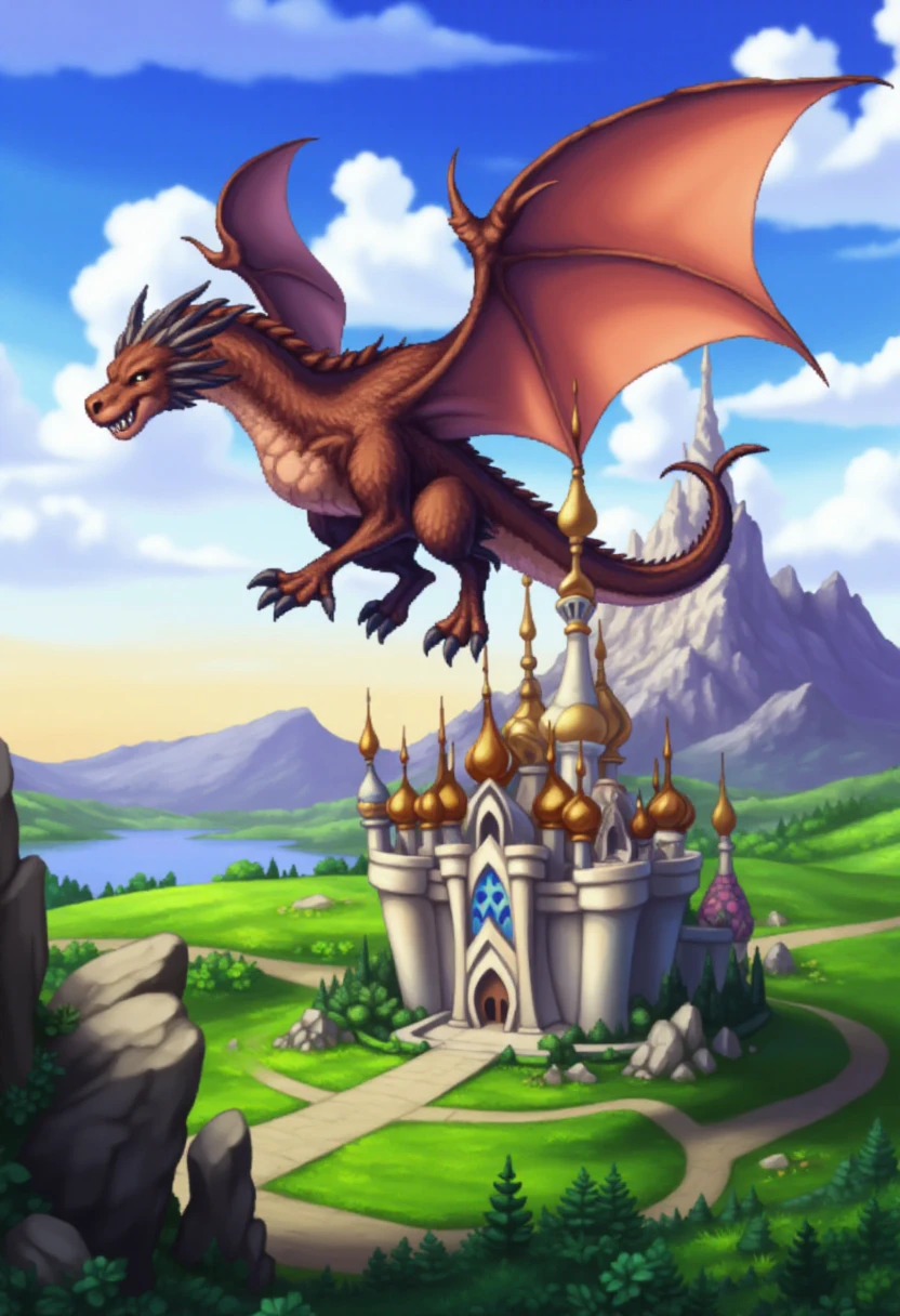 lomstyle,  pixel art, a dragon flying above a castle.    <lora:Legend_of_Mana_Style_FLUX:0.8>