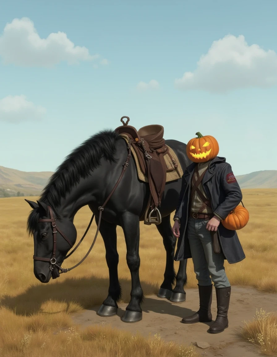 headless_horseman, <lora:headless_horseman_v11:1>, the headless_horseman stands on the ground in an open field beside his horse. He is holding a pumpkin with a happy face. His black horse grazes happily nearby. The scene is happy and serene.