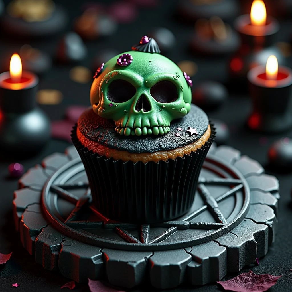 long shot scenic professional photograph of zombie cupcake resting on a black altar with inverted pentagram, conjuring circle <lora:hallowen-spooky-cupcakes:1>, Photorealistic, Hyperrealistic, Hyperdetailed, analog style, soft lighting, subsurface scattering, realistic, heavy shadow, masterpiece, best quality, ultra realistic, 8k, golden ratio, Intricate, High Detail, film photography, soft focus, perfect viewpoint, highly detailed, wide-angle lens, hyper realistic, with dramatic sky, polarizing filter, natural lighting, vivid colors, everything in sharp focus, HDR, UHD, 64K