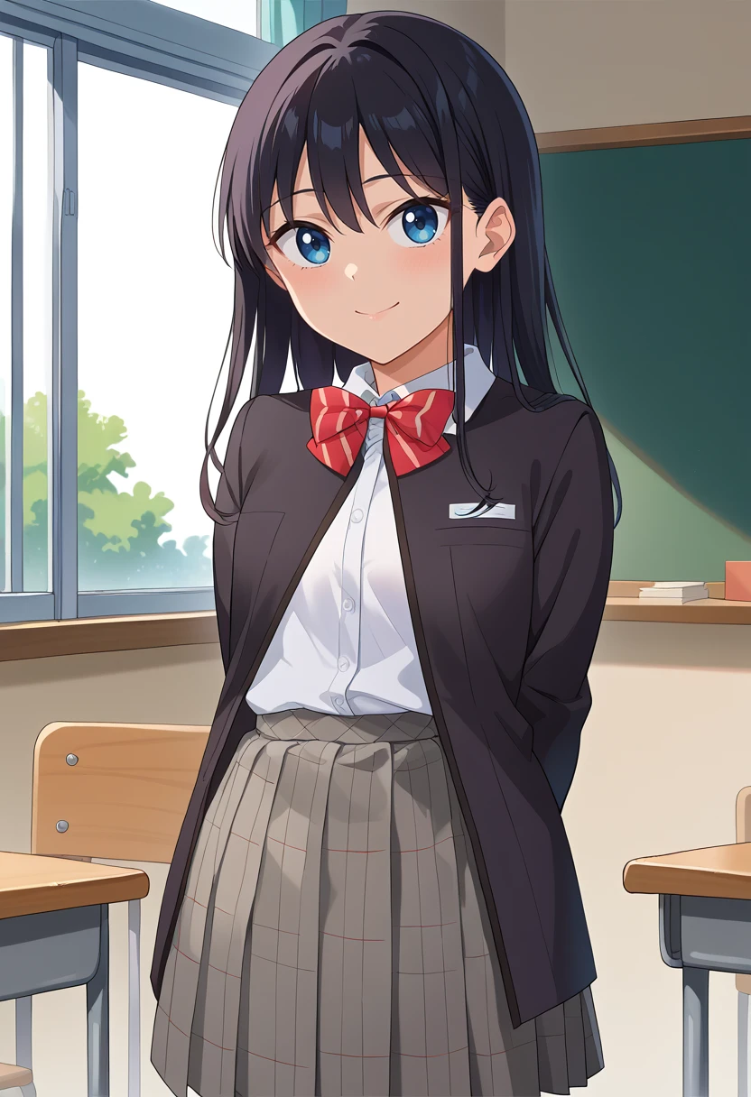 score_9, score_8_up, source_anime, 1girl, solo, RinNanakura, blue eyes, black hair, long hair, bangs, white shirt, collared shirt, red bowtie, striped bowtie, shirt tucked in, black jacket, grey skirt, plaid skirt, black socks, indoors, classroom, window, smile, arms behind back, <lora:ChamRinNanakuraPonyXL:1>