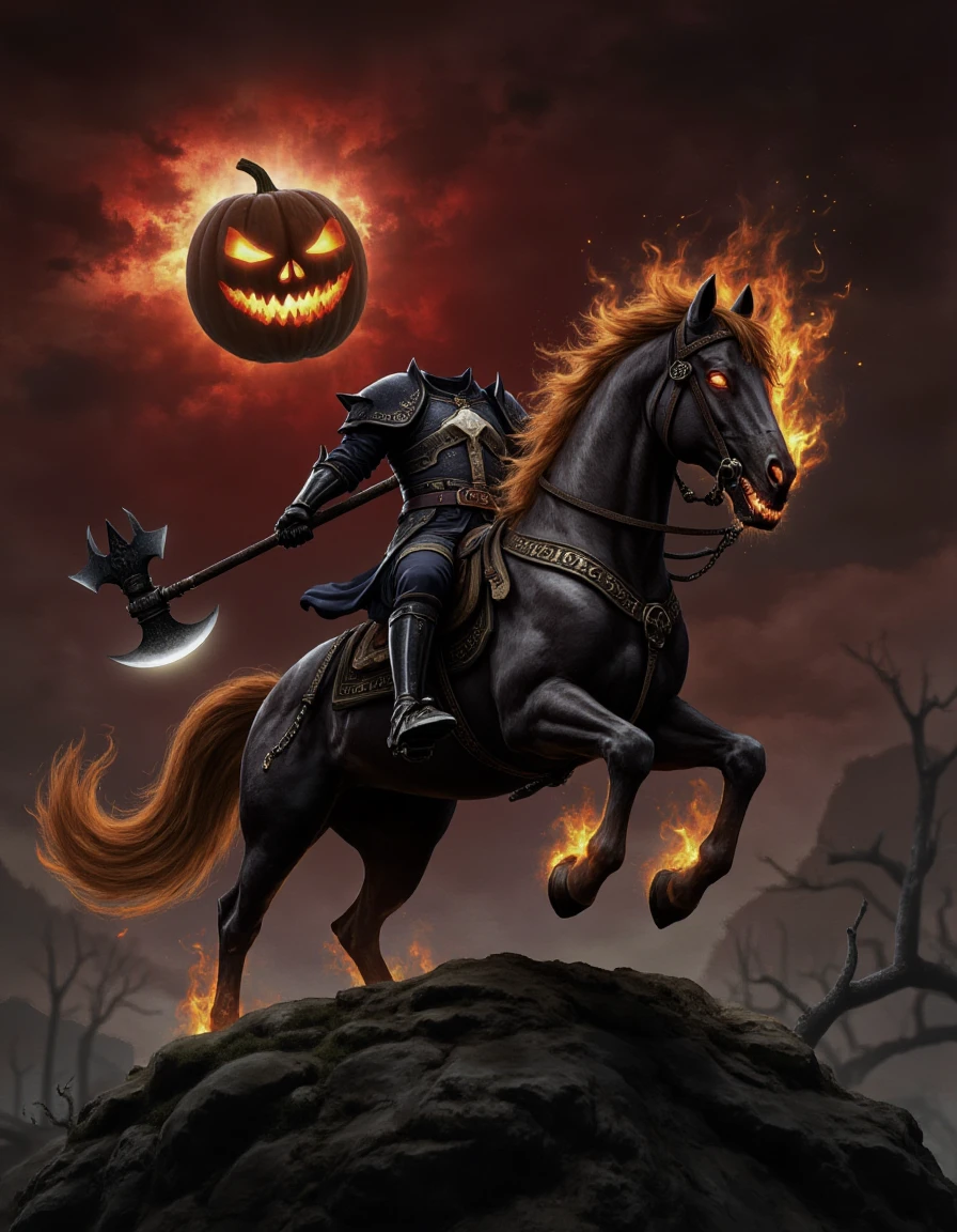 headless_horseman, <lora:headless_horseman_v11:1>, headless_horseman mounted on a large, fiery war horse with a molten mane, standing triumphantly on a hill under a blood-red moon. The rider wears obsidian armor with glowing runes and brandishes a giant, double-bladed axe. The pumpkin is replaced by a floating, fiery meteorite with a face and an evil grin. Dark fantasy with detailed textures and dramatic, high-contrast lighting.