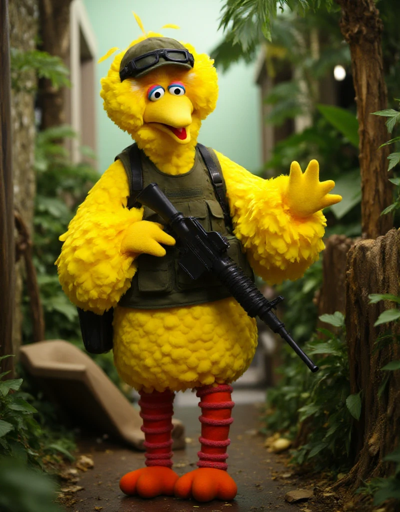 BigBird is a fierce soldier. He wears a bulletproof vest and a helmet. He holds a machinegun and walks in the jungle <lora:BigBird:0.9>