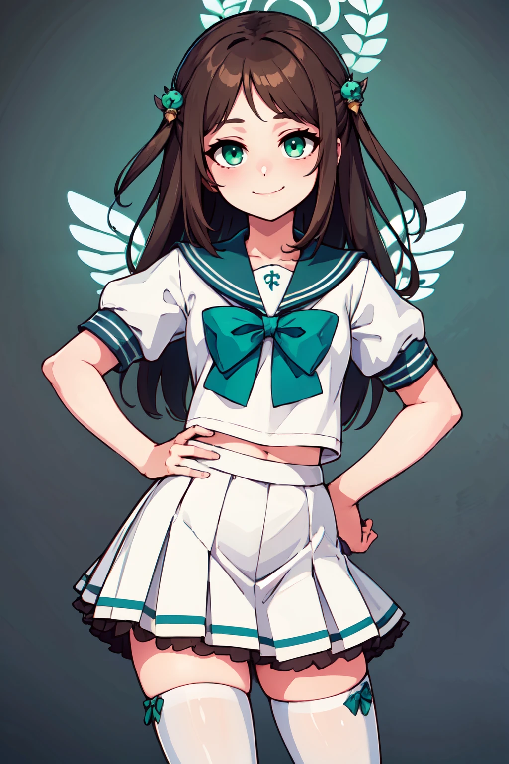 ((masterpiece,best quality)), absurdres,  BREAK, , <lora:Airi_BlueArchive_Citron:0.8>, zzAiri, green eyes, brown hair, long hair, hair ornament, halo white serafuku, blue sailor collar, green bow, white skirt, black frills, white thighhighs , BREAK, hip to the side, hand on hip, contrapposto,, BREAK, solo, smile, looking at viewer, cowboy shot,