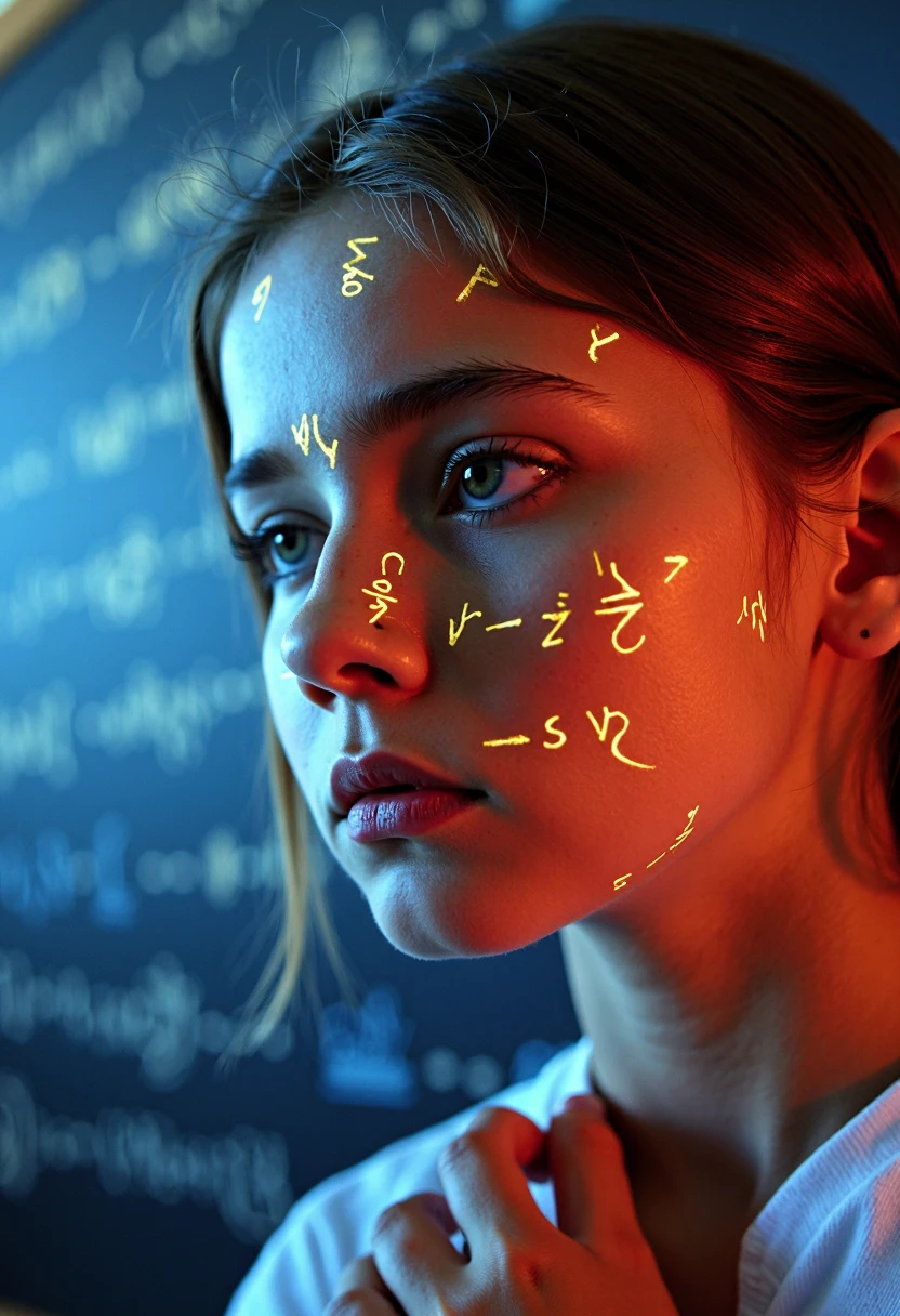 A close-up of a girl's face, with DayGlo black gold holographic equations projected Crisis Point their skin. In the background, a school blackboard filled with equations. The setting is dark, enhancing the dramatic and contemplative expression on her face.
RAW cinema, 16mm, color graded portra 400 film, remarkable color, ultra realistic, textured skin, remarkable detailed pupils, realistic dull skin noise, visible skin detail, skin fuzz, dry skin, shot with cinematic camera.