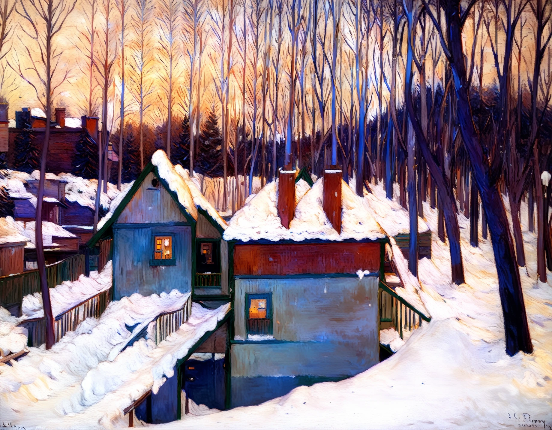 <lora:lilla-cabot-perry_pony_v1:1> ' snowy ' by cabot perry lilla in 1926,landscape \(genre\),impressionism \(style\),winter,snow,tree,house,rural area, score_9, score_6_up, score_7_up