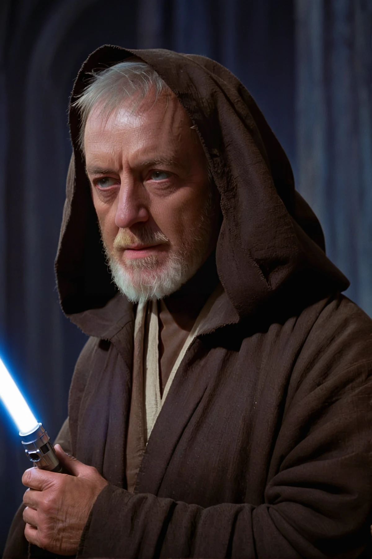 (extreme close-up1.5) (side view1.5) shot of  from <lora:Old_Ben_Kenobi:0.8> Old Ben Kenobi from Star Wars movie a New Hope wearing dark brown cloak and holding a lightsaber, serious expression, angry, background of <lora:Mos Eisley:0.8> Mos Eisley desert village, captured with a 5d camera, in HDR, 8k resolution, sharp focus, infused with a graphic novel aesthetic, cinematic, detailed, motion picture style, realistic, sci fi style, cinematic light, perfect color, perfect scene, shallow depth of field, vignette, highly detailed, high budget, bokeh, cinemascope, moody, epic, masterpiece, <lora:Rembrandt Lighting style v2:0.6> Rembrandt Lighting style, in the dark Low-key lighting Style <lora:Low-key lighting Style:0.6>