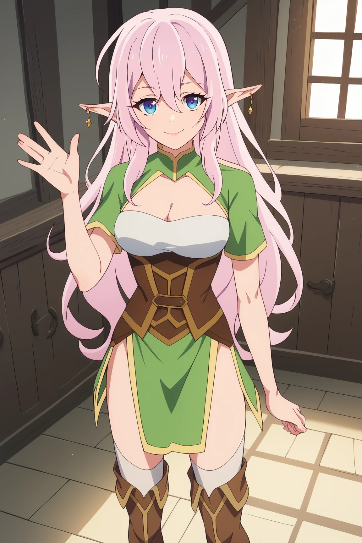 score_9, score_8_up, score_7_up, score_6_up, BREAK, YarandralaBHPXL, blue eyes, pink hair, long hair, hair between eyes, sidelocks, pointy ears, earrings, medium breasts, cleavage cutout, brown corset, green dress, short sleeves, green loincloth, white thighhighs, brown thigh boots, solo, full body, standing, waving, seductive smile, looking at viewer, indoors <lora:YarandralaBHPXL:1>