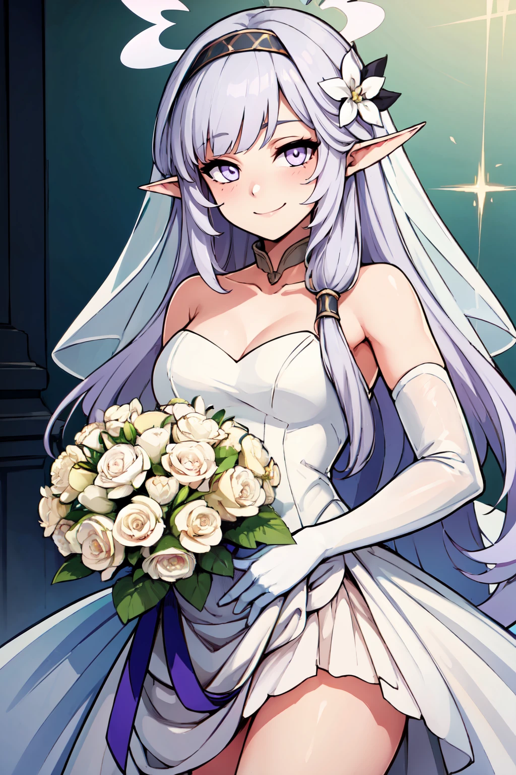 ((masterpiece,best quality)), absurdres,  BREAK, , <lora:Himari_BlueArchive_Citron:0.8>, zzHimari, purple eyes, black hair, long hair, pointy ears,  halo, hairband, grey hair, white hair  , BREAK, bride, wedding dress, bridal veil, strapless dress, elbow gloves, holding bouquet,, BREAK, solo, smile, looking at viewer, cowboy shot,