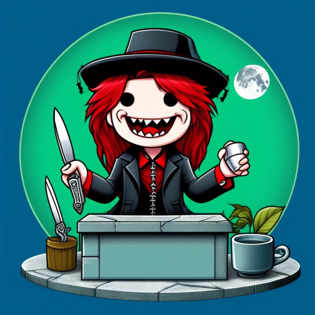 tombstone, :d, sitting, green background, blue background, red shirt, fangs out, scissors, building, black jacket, open clothes, colored skin, red hair, black headwear, cup, box, yellow flower, full moon