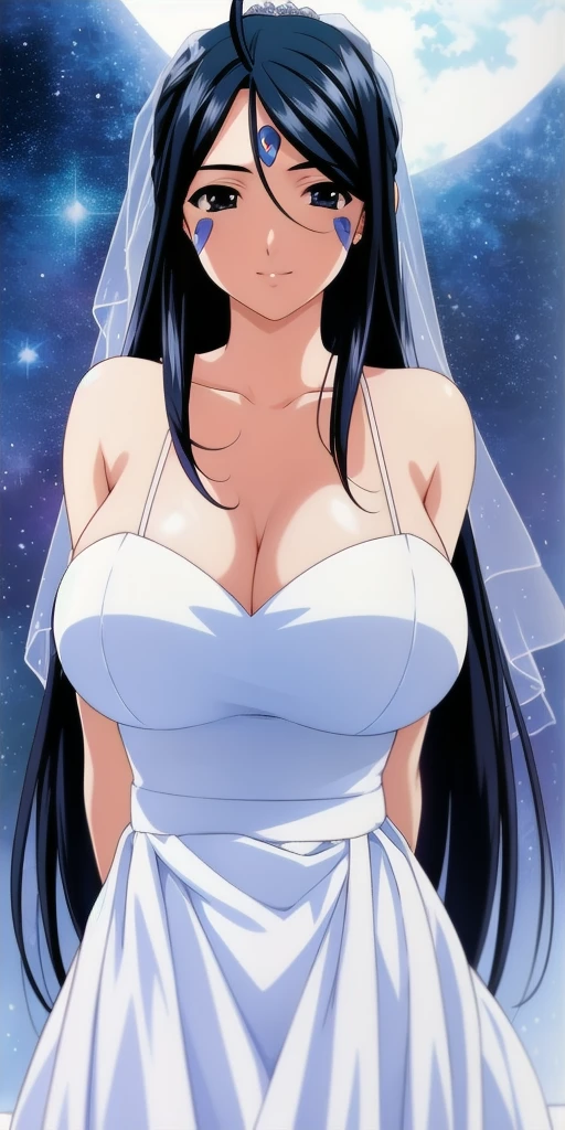 <lora:SkuldV2:0.7> skuld_(aa_megami-sama), huge_breasts, standing, solo, arms_behind_back, starry_sky, blue_facial_mark_forehead_mark, wedding_dress, bridal_veil,, masterpiece, best_quality, detailed_face, detailed_eyes, highres, beautiful, detailed, absurdres,