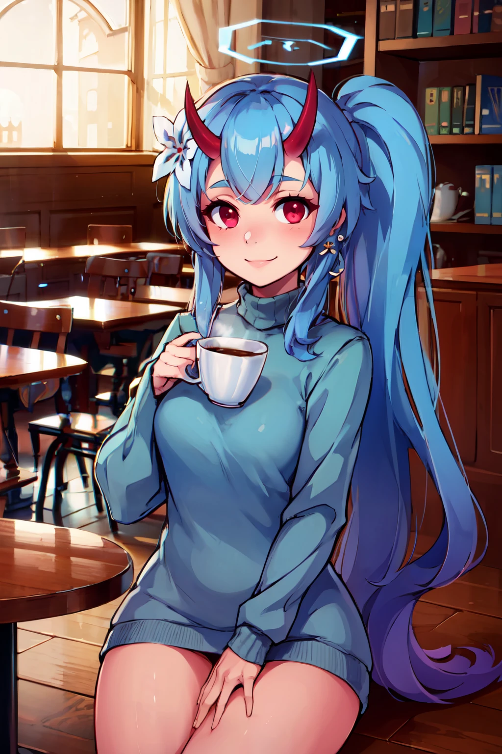 ((masterpiece,best quality)), absurdres,  BREAK, , <lora:Chise_BlueArchive_Citron:0.8>, zzChise, red eyes, blue hair, long hair, side ponytail, horns, halo, hair flower,  , BREAK, turtleneck sweater, earrings, library, cup of coffee, sitting at table, BREAK, solo, smile, looking at viewer, cowboy shot,