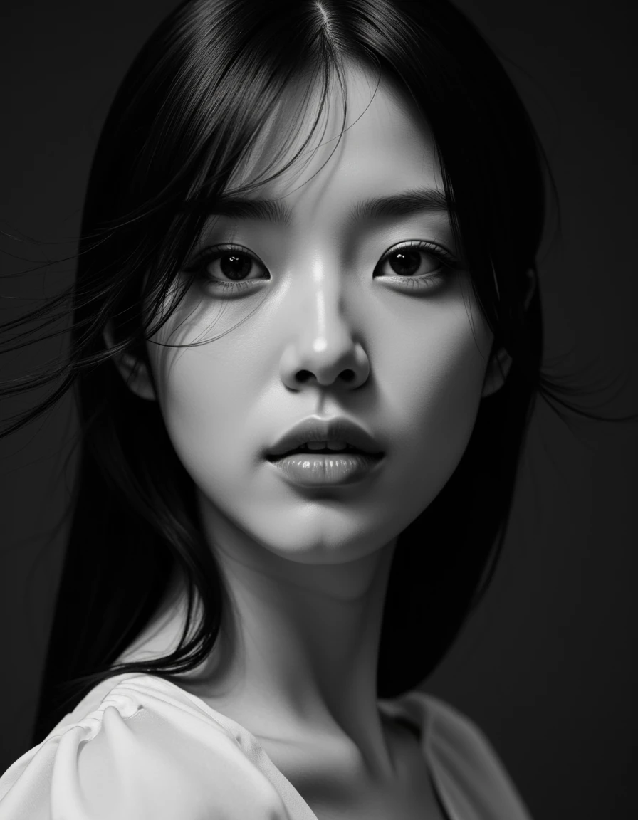 This black-and-white photograph captures a close-up of an East Asian woman with long dark hair that is tousled and windswept giving a sense of movement and vitality,Her hair partially obscures her face adding a dynamic and slightly mysterious quality to the image,She has a delicate oval-shaped face with high cheekbones and a small slightly upturned nose,Her eyes which are large and almond-shaped are the focal point of the photograph gazing directly at the camera with a mix of intrigue and intensity,She has a subtle natural makeup look with a hint of eyeliner and mascara enhancing her eyes without being overpowering,Her lips are slightly parted giving a soft almost seductive expression,She wears a simple white top that is barely visible due to the focus on her face and hair. The background is a solid dark shade which contrasts sharply with her light skin making her features stand out prominently,The texture of her hair is smooth but slightly tousled adding to the natural unposed feel of the photograph,The overall mood of the image is intimate and slightly enigmatic capturing a moment of raw unfiltered beauty,<lora:FLUX_HANNI:1>,