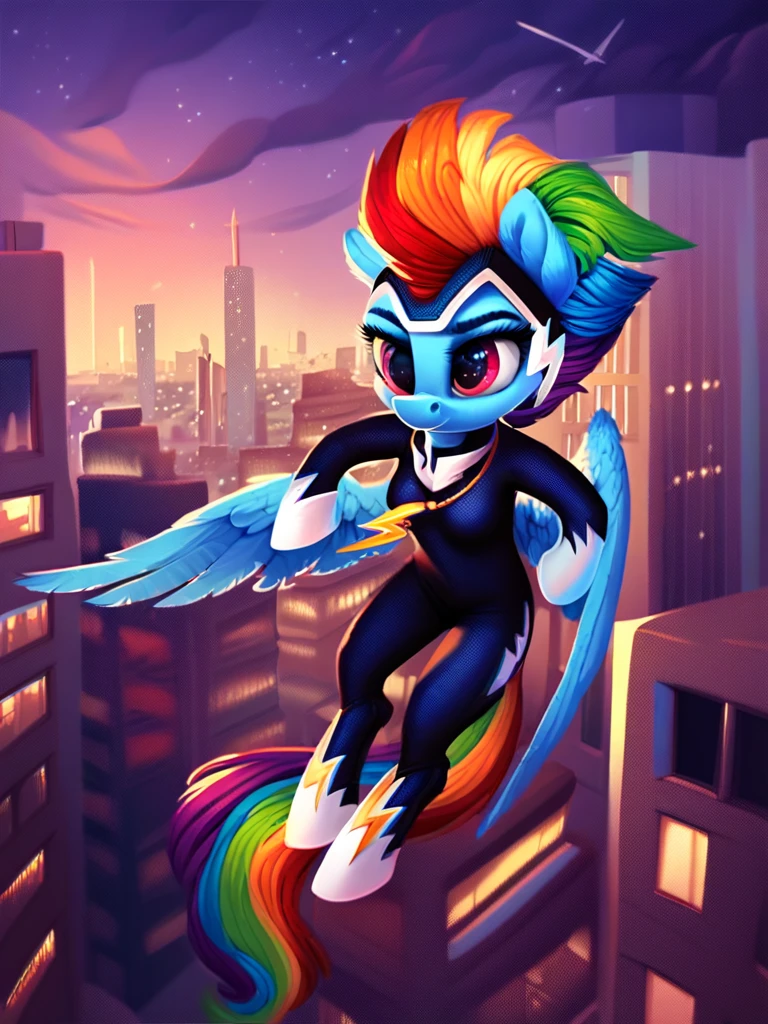 score_9, score_8_up, score_7_up, score_6_up, score_5_up, score_4_up, source_pony, anthro pony, Zapp_PowerPonies, bodysuit, necklace, solo, flying, skyline, night, detailed background, detailed face, detailed eyes, <lora:zappanthro-v1:1>