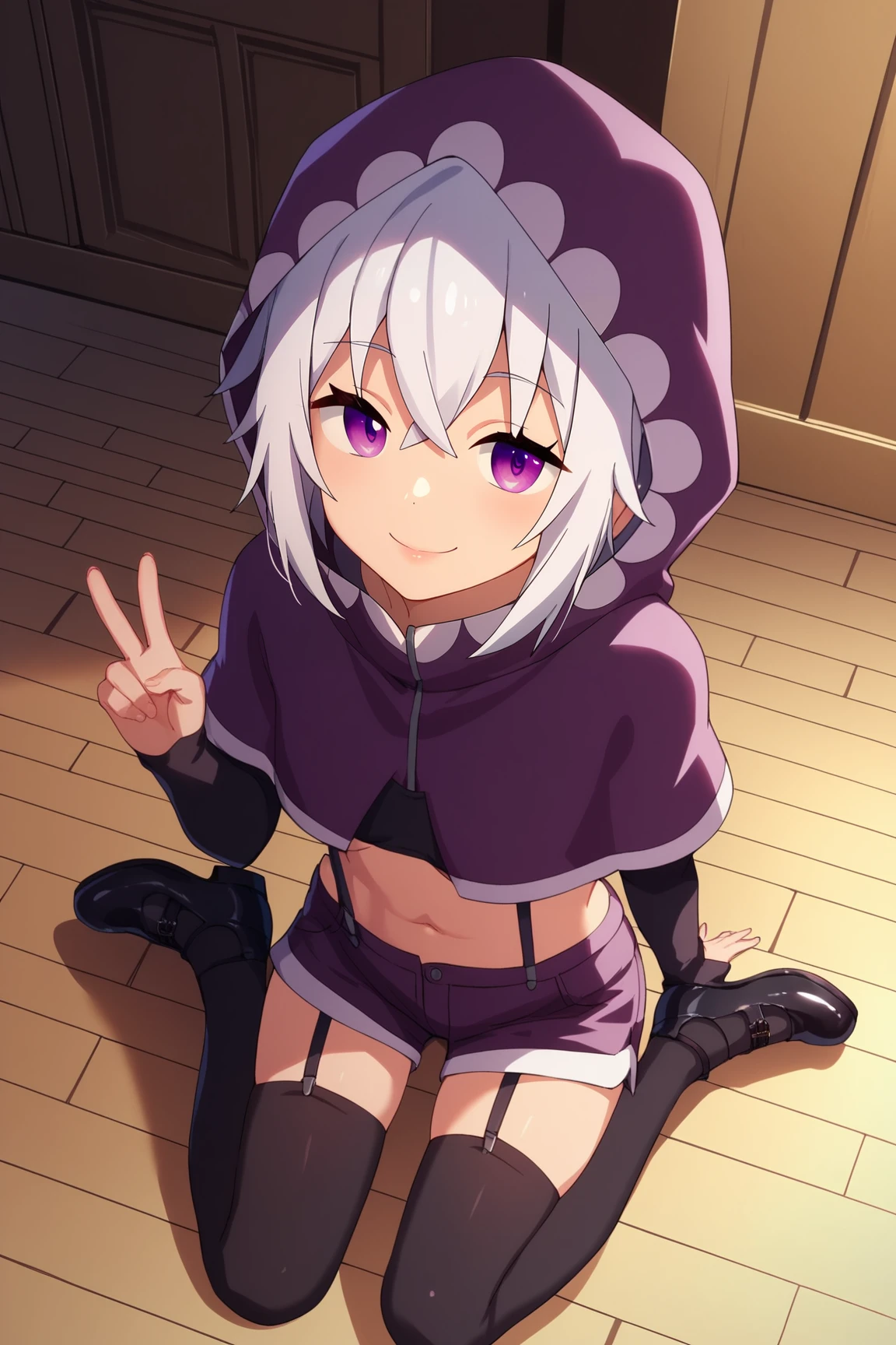 score_9, score_8_up, score_7_up, score_6_up, BREAK, TisseBHPXL, purple eyes, white hair, short hair, hair between eyes, small breasts, purple hood up, purple capelet, black crop top, long sleeves, suspenders, shorts purple, black thighhighs, black shoes, solo, full body, sitting, above view, peace sign, seductive smile, looking at viewer, indoors <lora:TisseBHPXL:1>