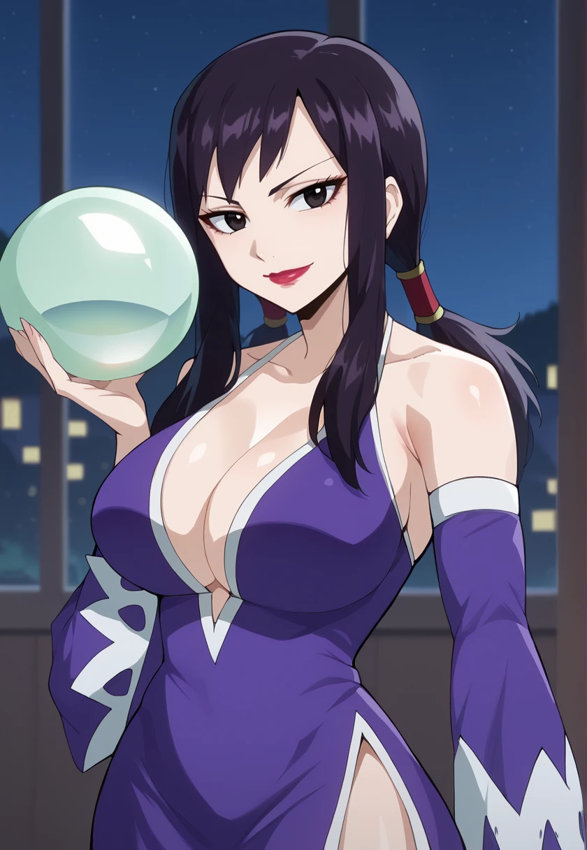 <lora:ultearMilkovich-09:1> ultearMilkovich, long hair, black hair, black eyes, large breasts, makeup, lipstick, UltearDress, purple dress,  side slit, cleavage, twintails, bare shoulders, hair tubes, detached sleeves, looking at viewer, smile, (blurry background, night sky, window), crystal ball, orbe, 16k, masterpiece, absurdes, highly detailed, highres, high quality, best quality, score_9, score_8_up, score_7_up, score_6_up, shiny, shiny skin, shiny hair