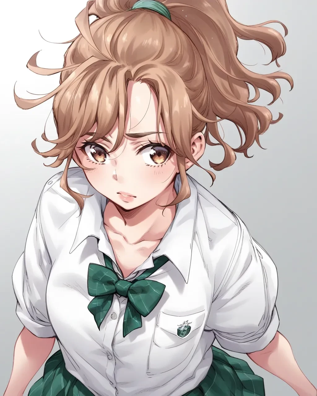 score_9,score_8_up,score_7_up,best quality, 4k, rating_safe, very aesthetic, source_anime, 
1girl,
<lora:Ichihara_Naho:0.9>,ichihara naho,brown eyes,brown hair,high ponytail,
school uniform,white shirt,green bow,green skirt,
upper body,dynamic angle,