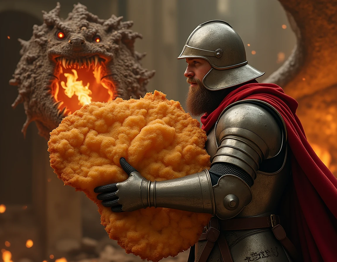 <lora:schnitzel:1> A medieval knight wearing a plate armor is  holding a yummy looking schnitzel like a shield. He is blocking the fire breath of a dragon with the schnitzel.