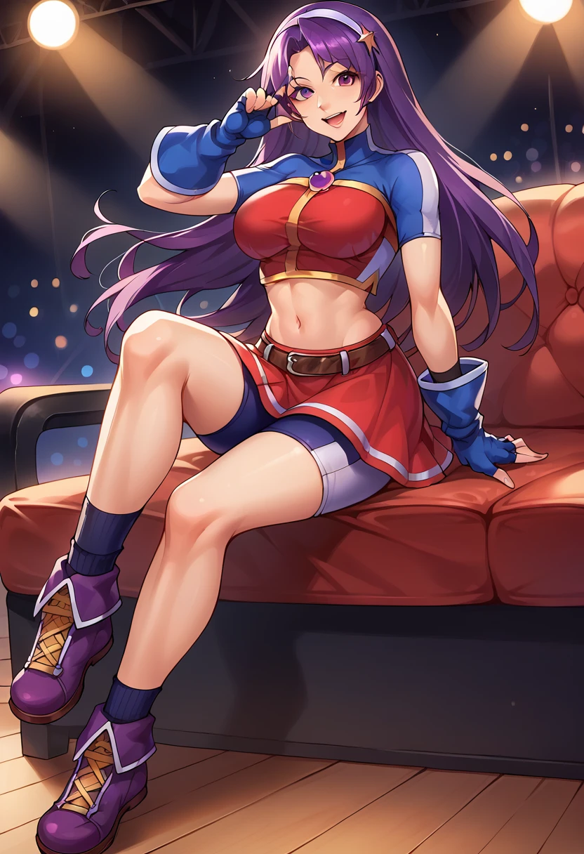 score_9, score_8_up, score_7_up, source_anime, BREAK solo, 1 girl, <lora:AthenaKOF2002:0.9>, ATHKOF2002, purple hair, long hair, purple eyes, white hairband, blue sleeves, pearl (gemstone), short sleeves, red top, belt, fingerless gloves, navel, red skirt, biker shorts, thighs, sitting, stage lights, open mouth, sitting, couch, purple shoes, crossed legs, looking at viewer, 1 girl, solo, breasts, smile, concert, stage, hand on own knee