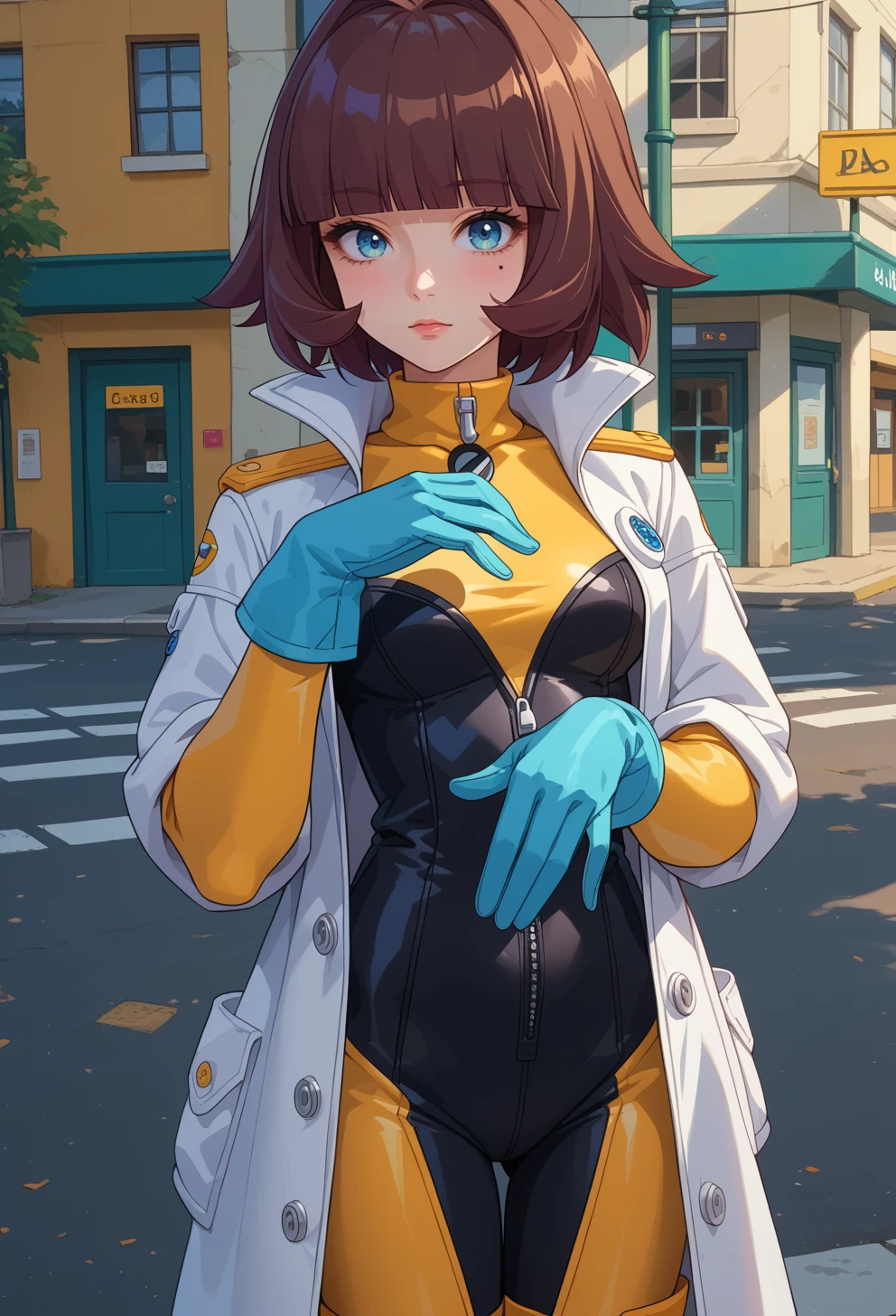 score_9, score_7_up, source_anime, BREAK solo, <lora:AEEliana:0.7> AEEliana, blue eyes, blunt bangs, brown hair, short hair, mole under eye, black shirt, two-tone bodysuit, black bodysuit, yellow bodysuit, long sleeves, turtleneck, white coat, blue gloves, black footwear, knee boots, standing, adjusting gloves,