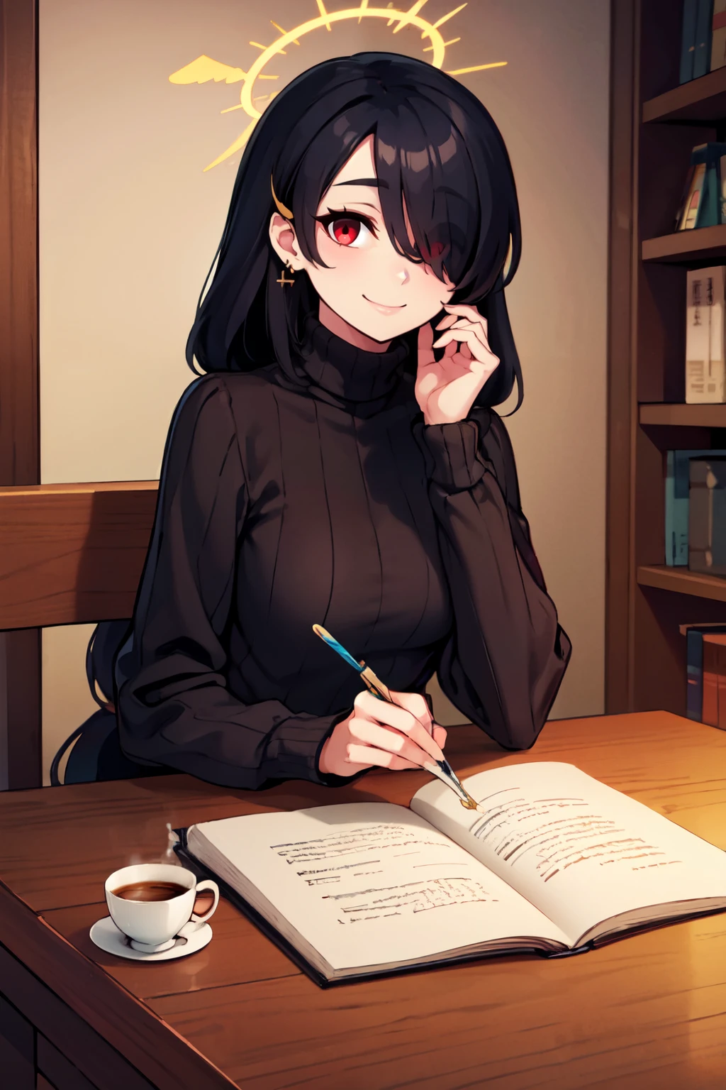 ((masterpiece,best quality)), absurdres,  BREAK, , <lora:Hinata_BlueArchive_Citron:0.8>, zzHinata, red eye, hair over one eye, black hair, long hair, halo, BREAK, turtleneck sweater, earrings, library, cup of coffee, sitting at table, BREAK, solo, smile, looking at viewer, cowboy shot,