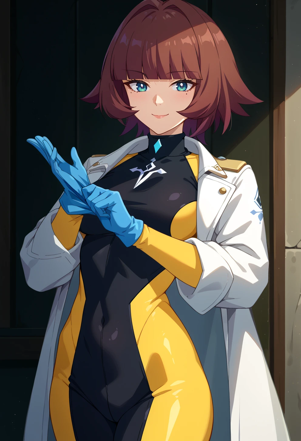 score_9, score_7_up, source_anime, BREAK  solo, <lora:AEEliana:0.7> AEEliana, blue eyes, blunt bangs, brown hair, short hair, mole under eye, black shirt, two-tone bodysuit, black bodysuit, yellow bodysuit, long sleeves, turtleneck, white coat, (blue gloves:1.2),   <lora:AdjustingGloves_XLPD:1> adjusting clothes, adjusting gloves, seductive smile, portrait,