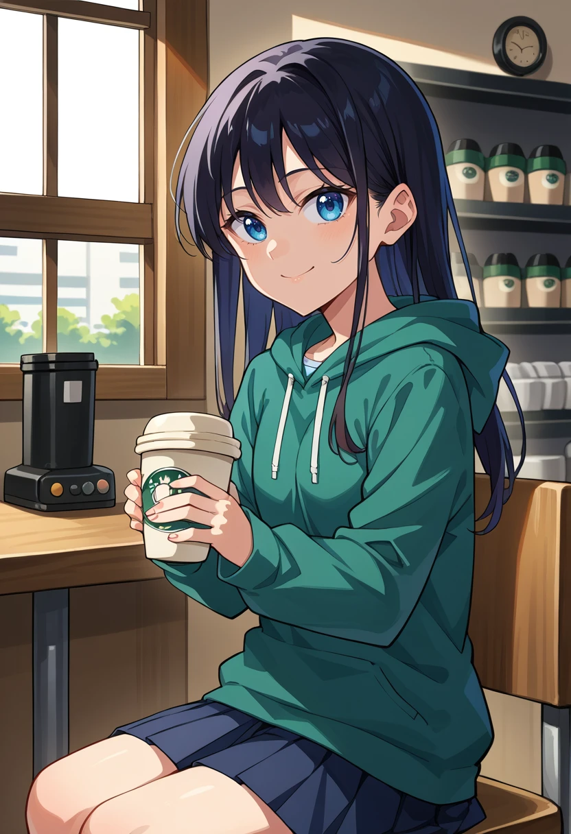 score_9, score_8_up, source_anime, 1girl, solo, RinNanakura, blue eyes, black hair, long hair, bangs, sitting, coffee shop, hoodie, pleated skirt, smile, <lora:ChamRinNanakuraPonyXL:1>