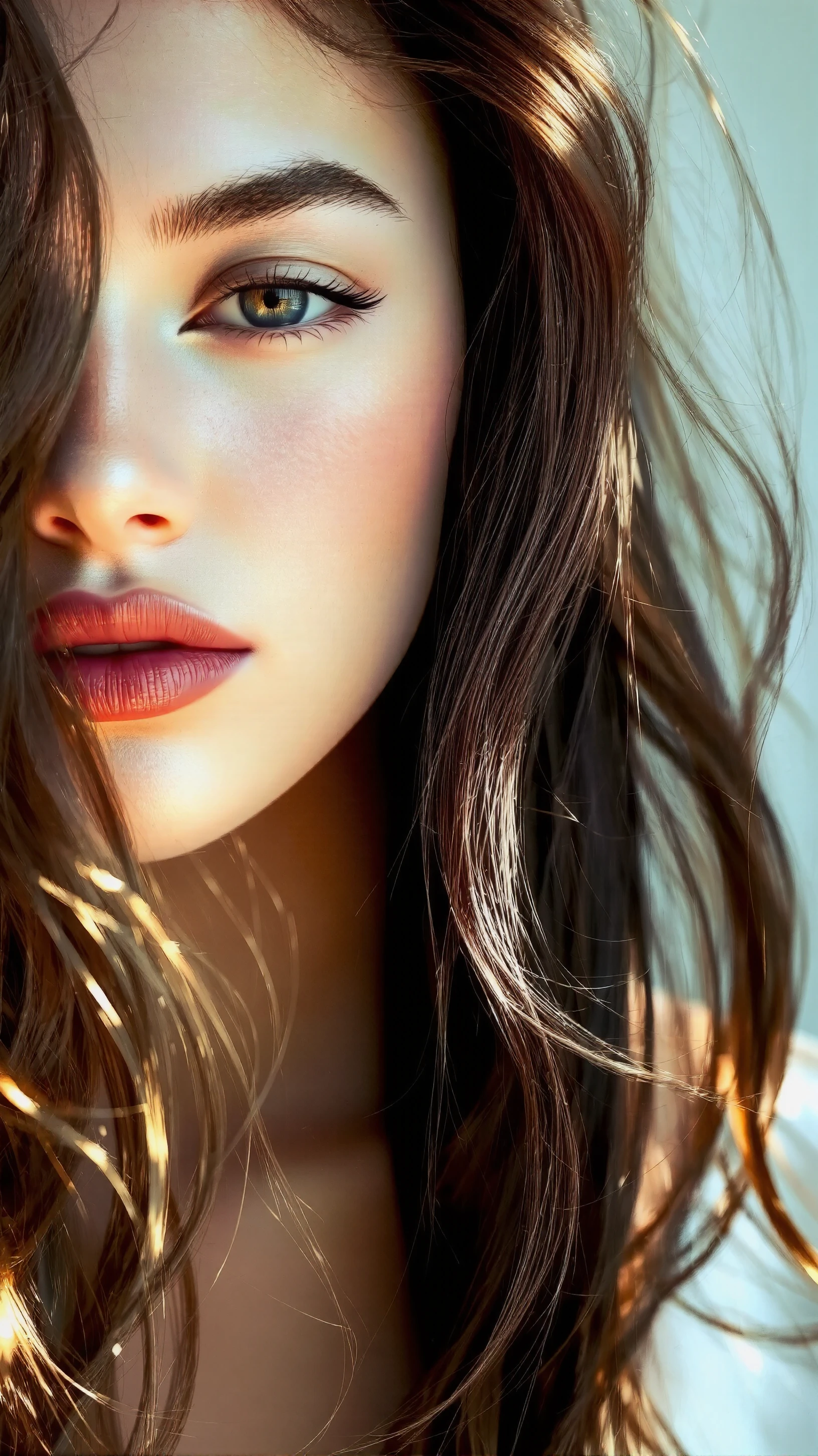 RAW photo of a beautiful young 18 yo English woman, color photograph, close up portrait, shadows, silver wing eyeliner, dark lip gloss, ((glowing pale skin)), leaning forward, looking_at_viewer, fit, athletic, sexy, erotic pose, smirk, shy, expressive hair, perfect facial features, perfect realistic skin, masterpiece, high quality, very detailed face, night bokeh background, topless, 4k, intense detail, perfect facial features,