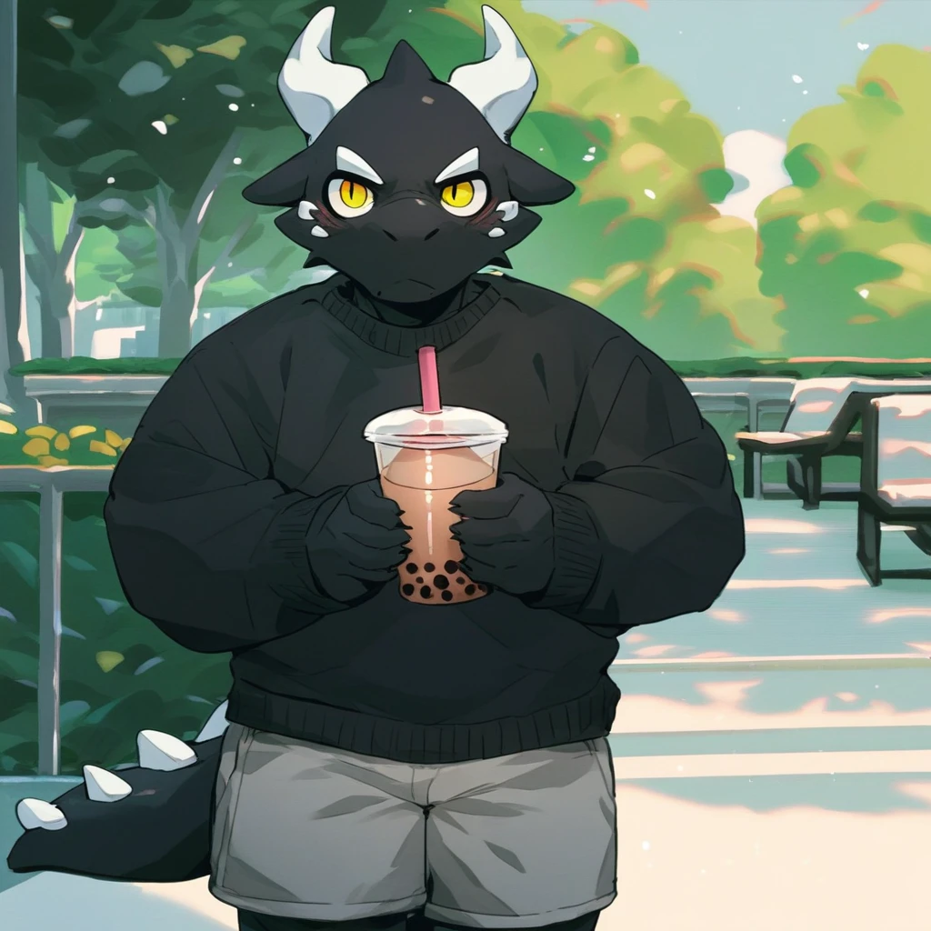 score_9_up, score_8_up, score_7_up, source_furry, mikus-kounfuyu, black dragon, black body, white horns, yellow eyes, park, holding, bubble tea, black sweater, gray shorts, 1boy, solo