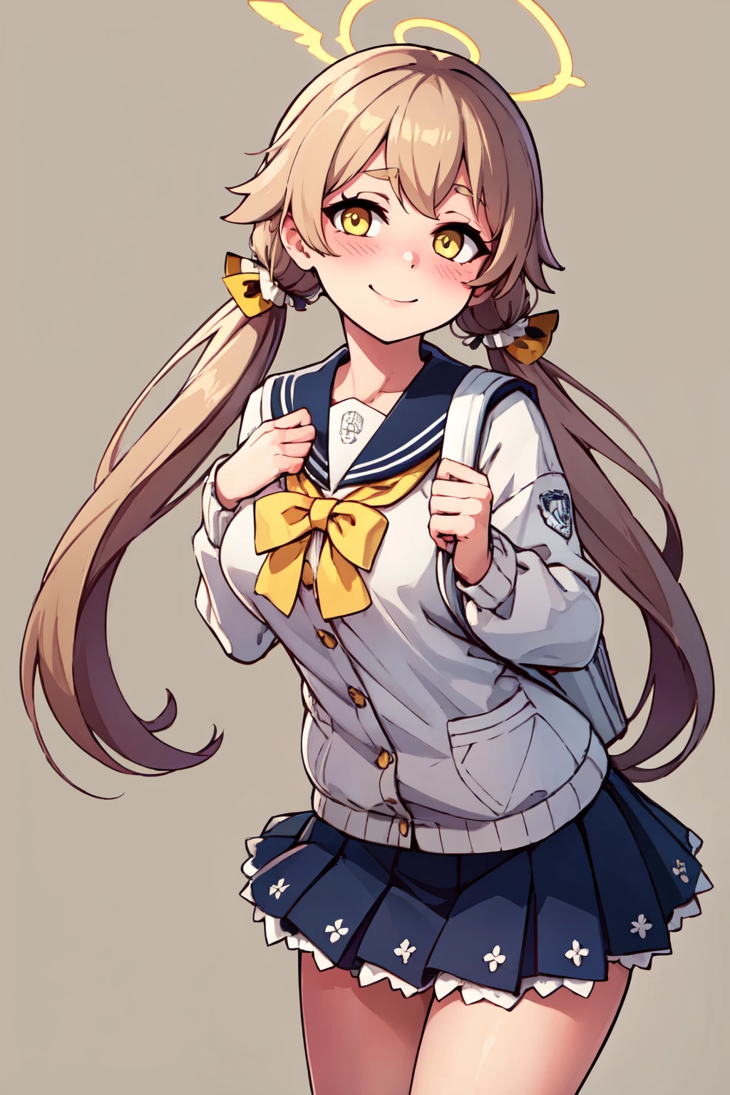 ((masterpiece,best quality)), absurdres,  BREAK, , <lora:Hifumi_BlueArchive_Citron:0.8>, zzHifumi, yellow eyes, light brown hair, long hair, twintails, halo, breasts white cardigan, blue skirt, school uniform, pleated skirt, backpack, blue sailor collar, smile , BREAK, leaning forward, head tilt, blush, upper body,, BREAK, solo, smile, looking at viewer, cowboy shot,