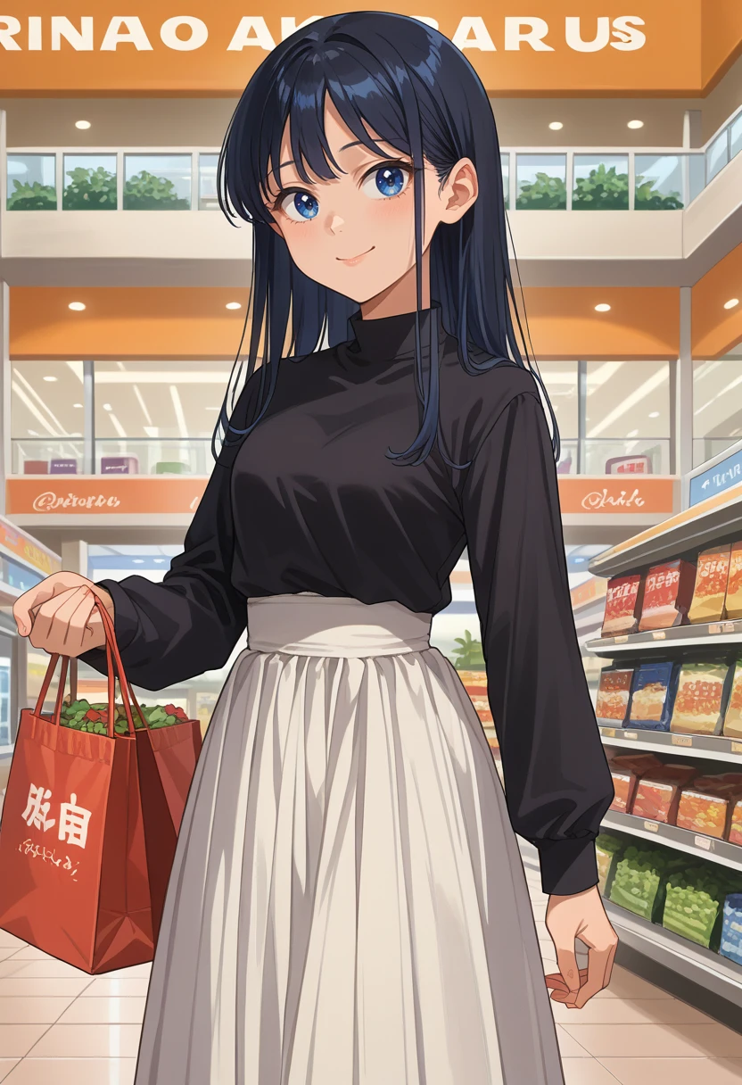 score_9, score_8_up, source_anime, 1girl, solo, RinNanakura, blue eyes, black hair, long hair, bangs, high-waist skirt, long skirt, white skirt, black shirt, long sleeves, smile, standing, indoors, shopping mall, <lora:ChamRinNanakuraPonyXL:1>