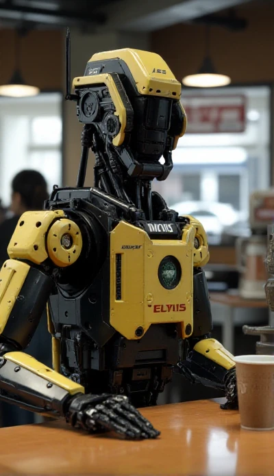 Elysium Robot is serving coffee in a starbuck. highly detailed <lora:ElysiumRobot:0.9>