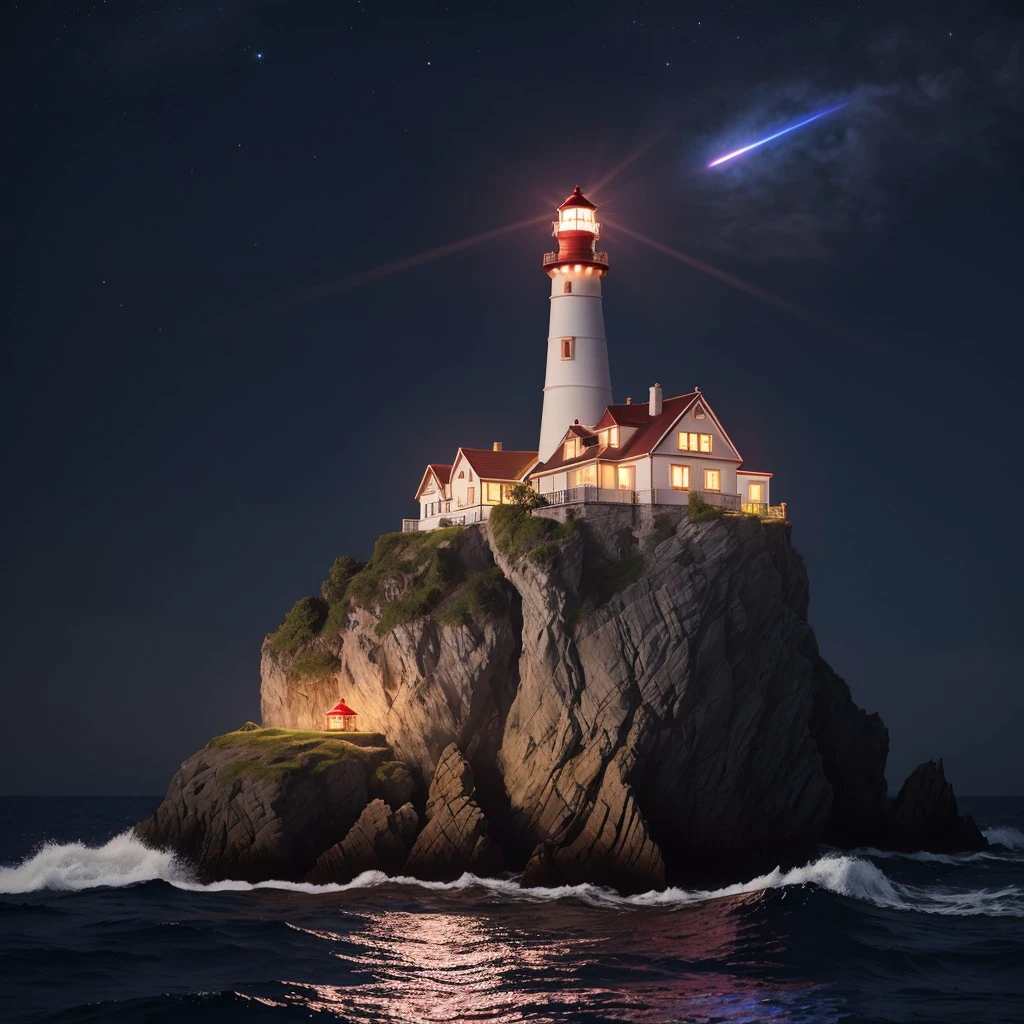 masterpiece, full scale wide shot photo, intricate photo, precisely detailed lighthouse with red-white colored ring-sections in the ocean on a rock by dark night, hazy fog on the water surface, foaming water, full moon stars and nebulae in the dark sky, blue neon backlight, cyberpunk, photo realistic, hyper realistic, highly detailed, sharp focus, high resolution, best quality, colorful, friendly colors, cozy outdoor lighting, 8K,  <lora:LighthouseConceptLora:1.0