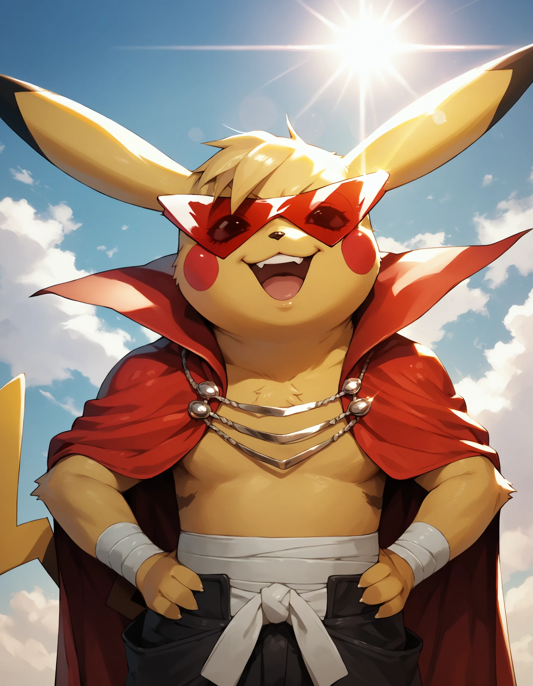 pikachu_(pokemon), feral, solo, sunglasses, hands on hips laughing, cape, detailed background, chest, bandaged, lens flare,  score_9,score_8_up,score_7_up,score_6_up,