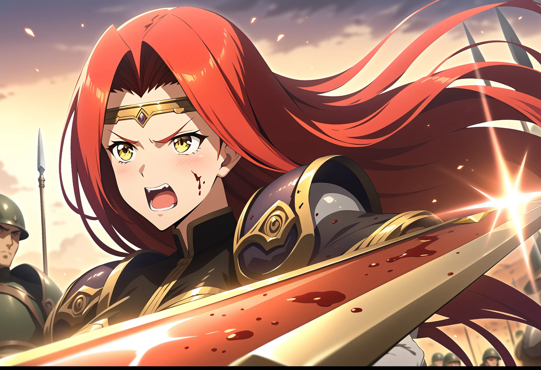 (masterpiece:1.2),best quality,very aesthetic,absurdres,fantasy,rim light,metallic luster,nsfw,1girl,3boys,<lora:fana_v1:1>,fana,sword,circlet,red hair,yellow eyes,holding_sword,profile,serious,screaming,<lora:Fixhands_anime_bdsqlsz_V1:1>,
BREAK
blood,blood on clothes,sword,flower,armor,polearm,holding weapon,holding,field,helmet,outdoors,army,soldier,spear,solo focus,6+boys,fantasy,battlefield,looking_away,looking_ahead,, masterpiece,best quality, very aesthetic, absurdres, ultra detailed, high resolution, 4k, extremely detailed CG,