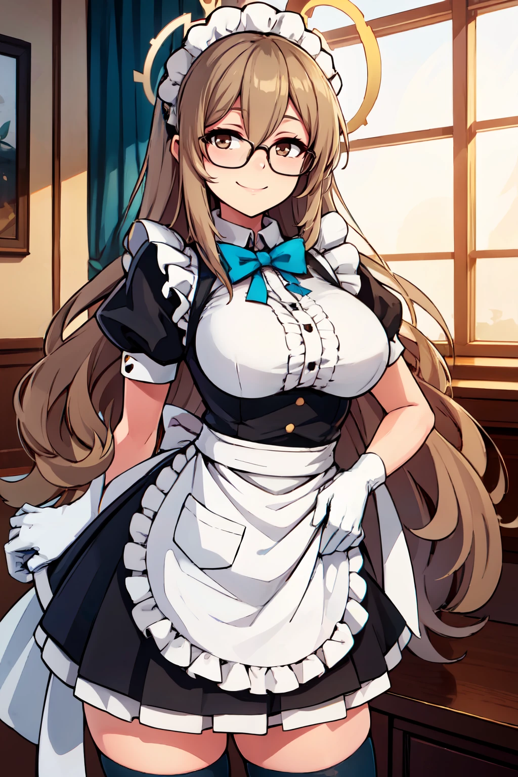 ((masterpiece,best quality)), absurdres,  BREAK, , <lora:Akane_BlueArchive_Citron:0.8>, zzAkane, brown eyes, light brown hair, long hair, glasses, halo, black dress, maid apron, white gloves, blue bowtie, white thighhighs , BREAK, hip to the side, contrapposto, cowboy shot,, BREAK, solo, smile, looking at viewer, cowboy shot,