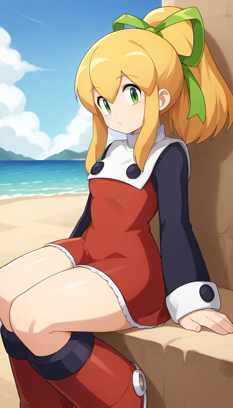 score_9,  score_7_up, source_anime, 1girl, solo, blonde hair, green eyes, sidelocks, medium hair, ponytail, hair ribbon, green ribbon, short red dress, long sleeves, frills, black sleeves, bare thighs, red knee boots, looking at viewer, sitting, dynamic angle, outdoors, sunny, sky, beach, cowboy shot,  <lora:Roll_MegaManX_PonyXL:0.9>, roll \(megamanx)\, roll_def