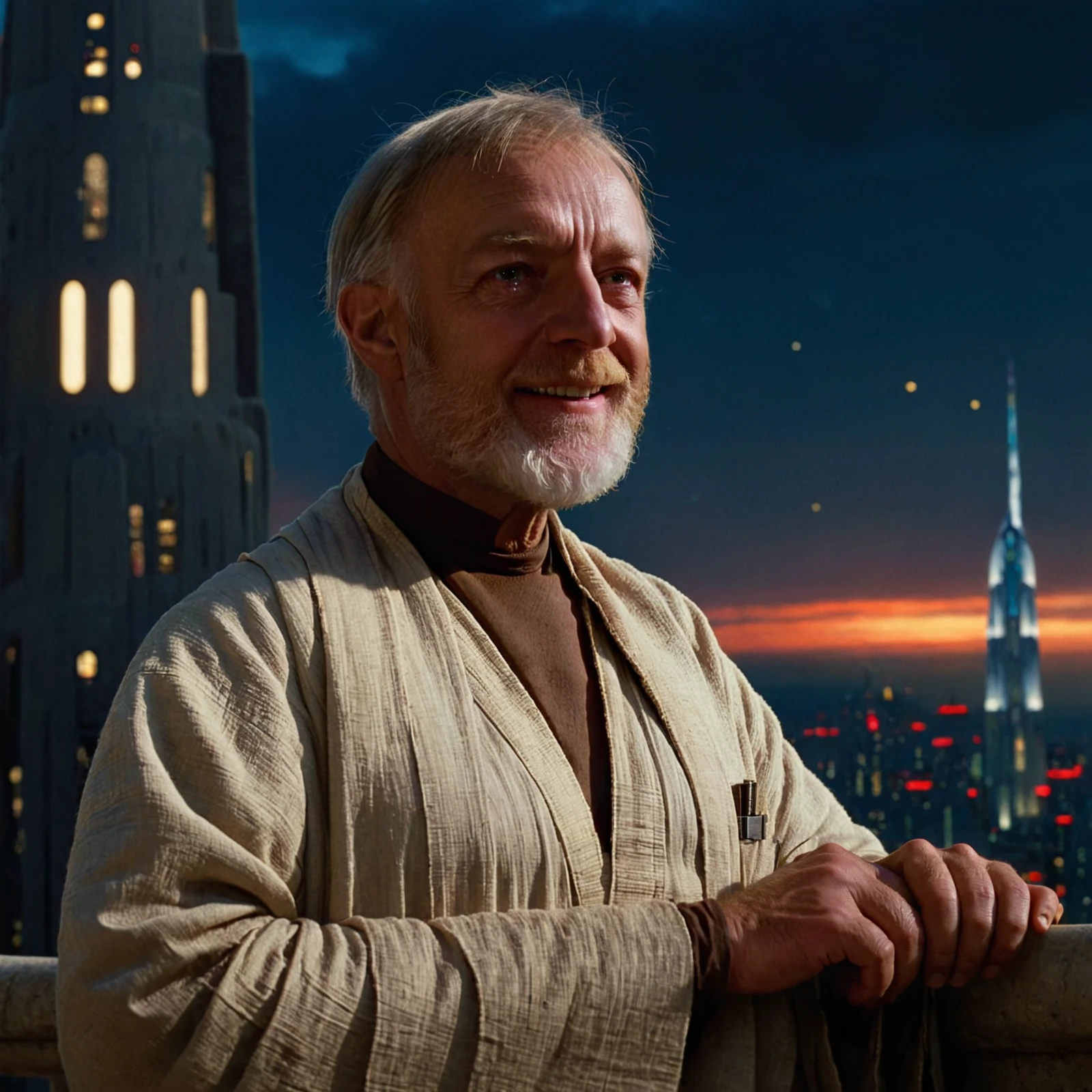 (extreme close-up1.5) (side view1.5) shot of  from <lora:Old_Ben_Kenobi:0.8> Old Ben Kenobi from Star Wars movie a New Hope, hands beckoning, standing in front of balcony, happy expression, smiling, background of <lora:Coruscant:0.9> Coruscant a futuristic city with a lot of tall buildings, in star wars style, outdoors, sky, dusk, clouds, building, scenery, science fiction, city, aircraft, fantasy, cityscape, skyscraper, tower, city lights, captured with a 5d camera, in HDR, 8k resolution, sharp focus, infused with a graphic novel aesthetic, cinematic, detailed, motion picture style, realistic, sci fi style, cinematic light, perfect color, perfect scene, shallow depth of field, vignette, highly detailed, high budget, bokeh, cinemascope, moody, epic, masterpiece, <lora:Rembrandt Lighting style v2:0.6> Rembrandt Lighting style, in the dark Low-key lighting Style <lora:Low-key lighting Style:0.6>