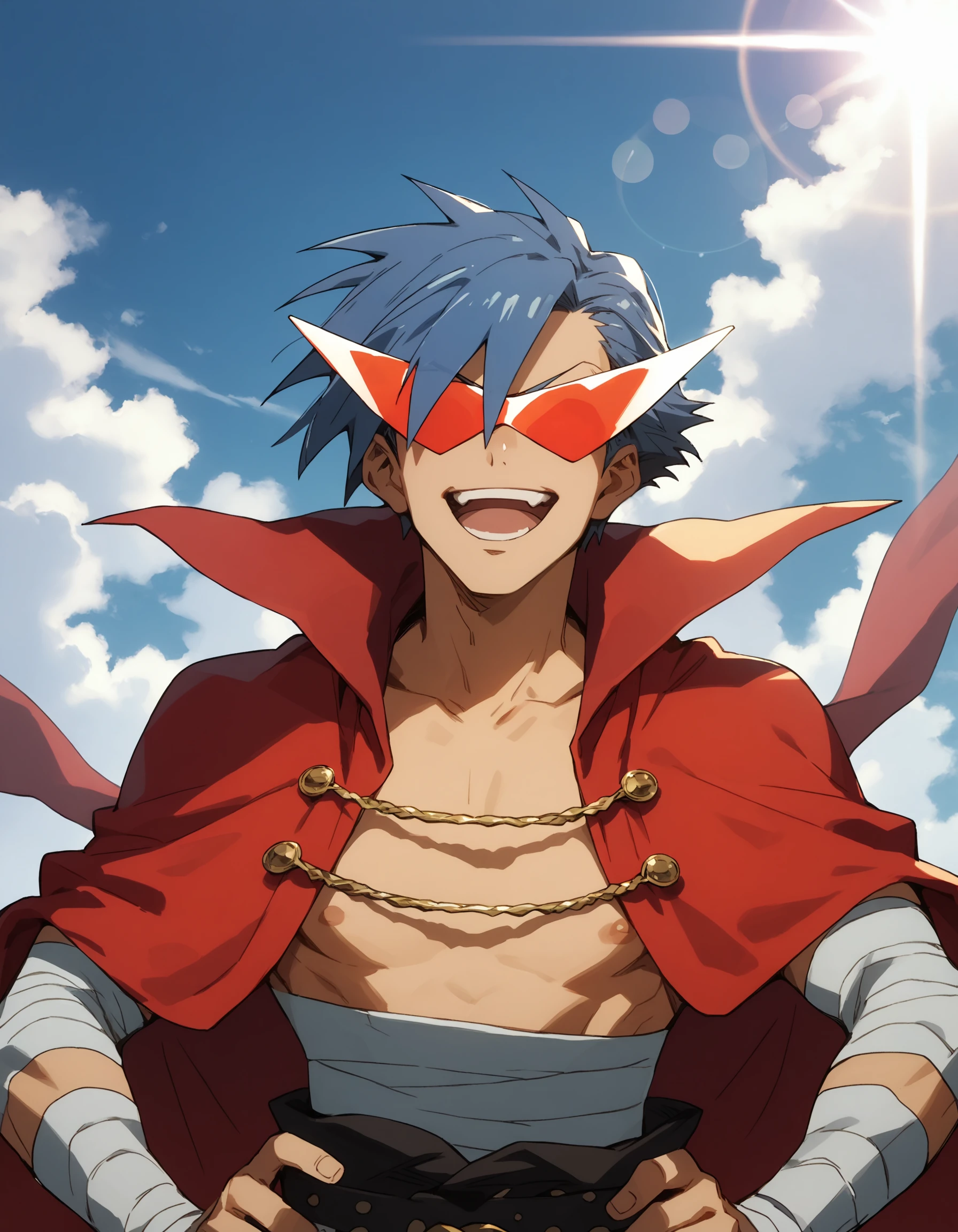 kami_gl, male, blue hair, sunglasses, hands on hips laughing, cape, detailed background, bandaged, lens flare,  score_9,score_8_up,score_7_up,score_6_up,