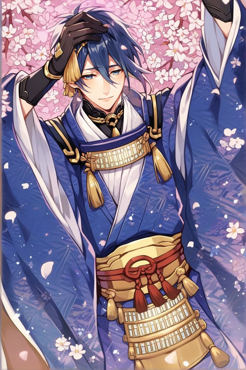 score_9,score_8_up,score_7_up,source_anime,1boy,male focus,mikazuki munechika,japanese clothes,blue eyes,solo,blue hair,black gloves,petals,,<lora:mikazuki_munechika:0.9>