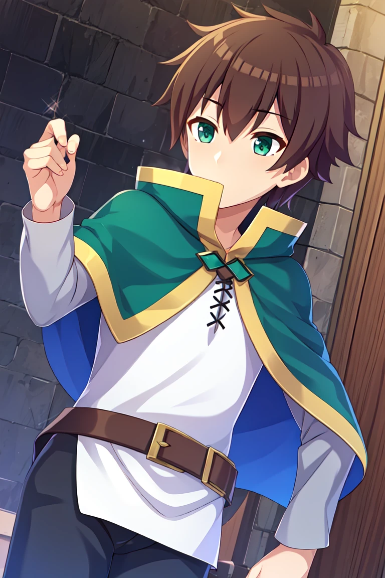 masterpiece, ultra details  <lora:KazumaE15v3:0.95>, kazuma-liver020-wattjpad, brown hair, 1boy, satou kazuma, solo, short hair, male focus, green eyes, belt, capelet, shirt, solo, cape, black pants, long sleeves, green cape, white shirt, small capelet, 1 man, shirt ornament