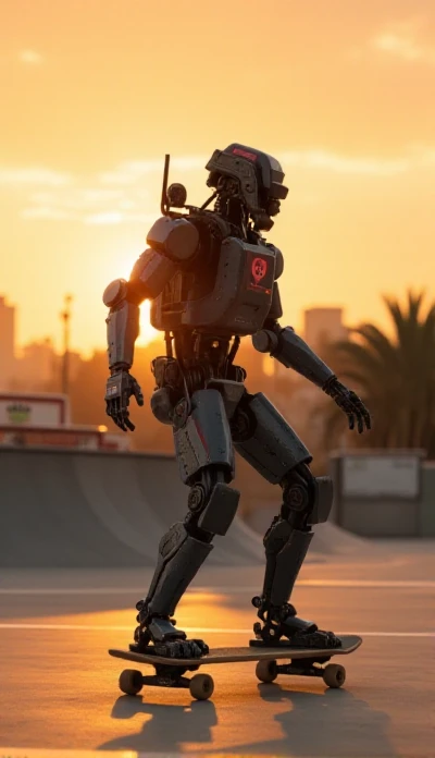 Elysium Robot is skateboarding in a skatepark at sunset <lora:ElysiumRobot:0.9>