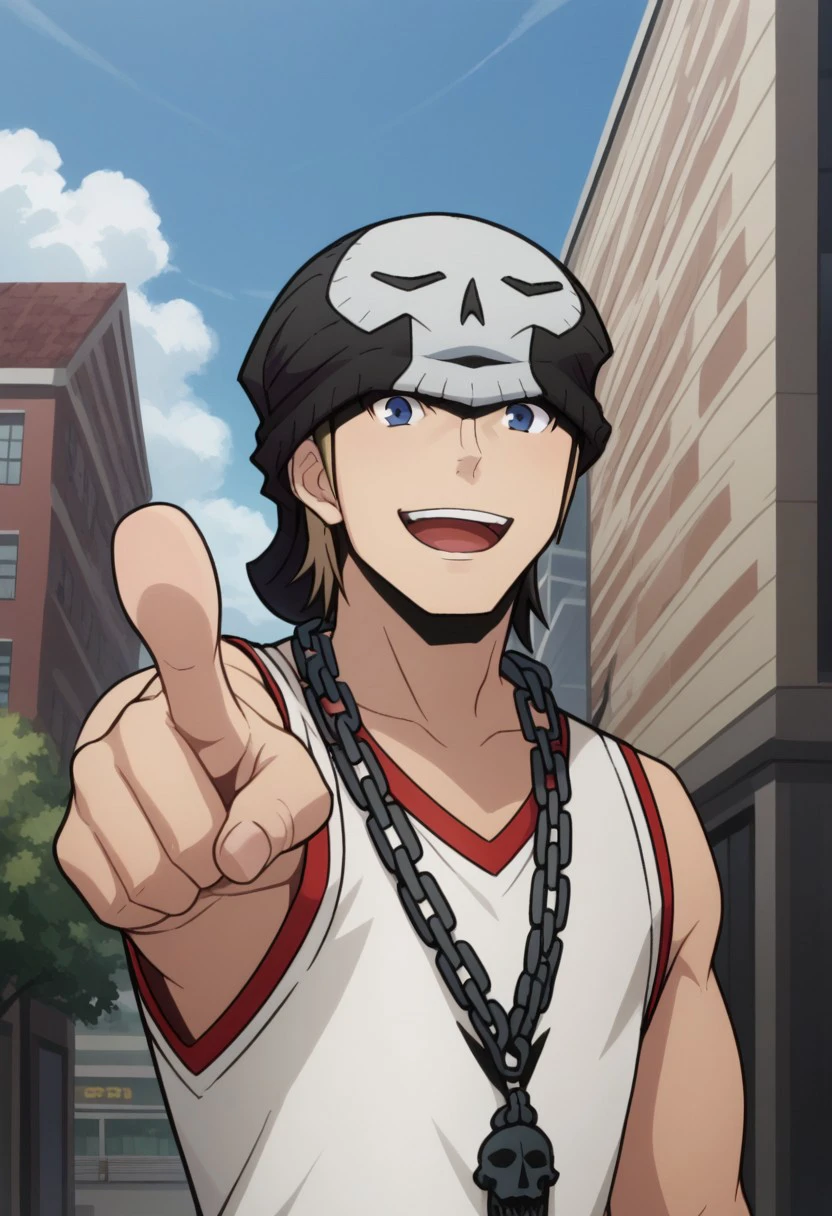 score_9, score_8_up, score_7_up, source_anime, highly detailed,  
daisuke, 1boy, solo, blue eyes, male focus, pointing, chain, looking at viewer, smile, chain necklace, open mouth, pointing at viewer, blonde hair, necklace, white shirt, beanie, upper body,
outdoor, street, building, sky, cloud,