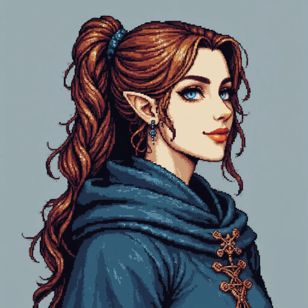 df_pixel_style, headshot of an adult woman with long red hair in a ponytail, wearing a blue mage robe