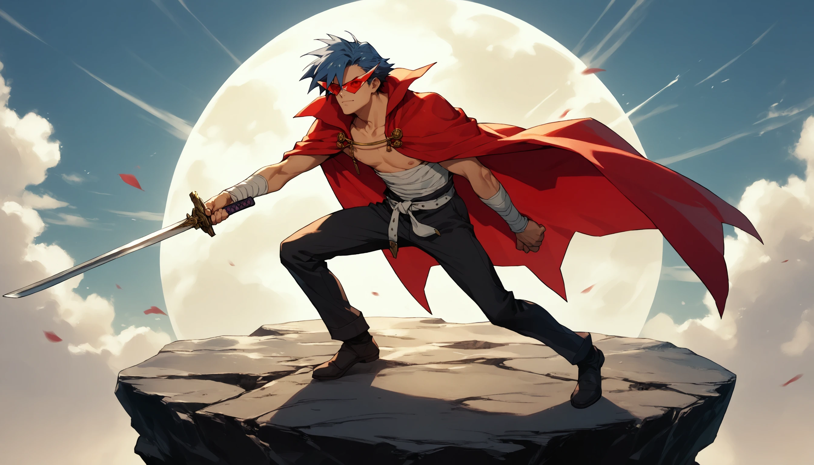 kami_gl, male, blue hair, sunglasses, holding sword, cape, detailed background, score_9,score_8_up,score_7_up,score_6_up, full body