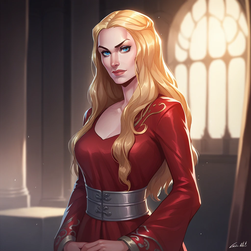 score_9_up, score_8_up, BREAK, CerseiLannister, 1girl, solo, long hair, blonde hair, blue eyes, red dress, cowboy shot, <lora:CerseiLannister_PXL_Leaf1:1>, looking at viewer,