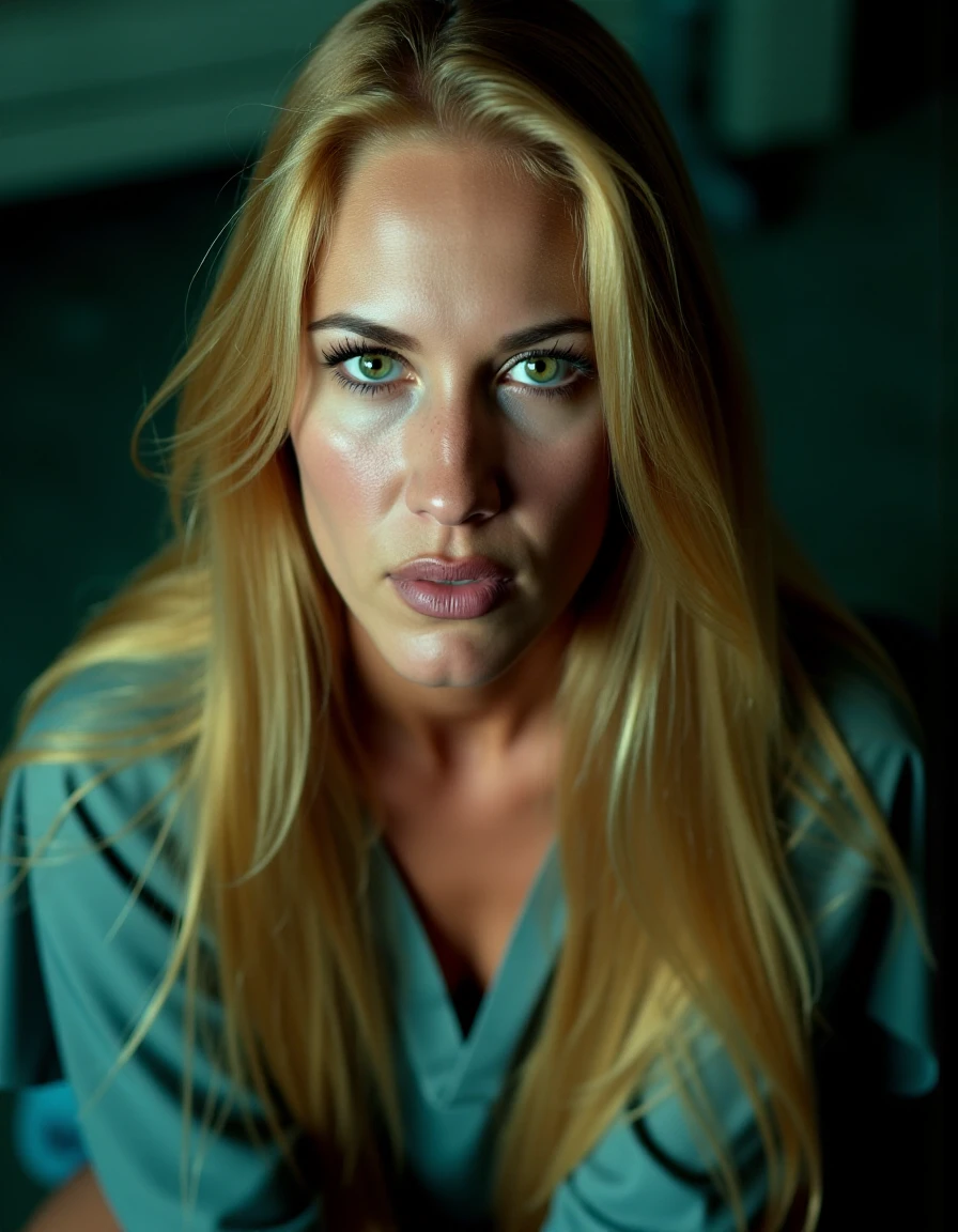 cinematic photo  , <lora:CassandraWildeQuiron_FLUX-000001:1.1>CassandraWildeQuiron, a photography of  a woman with long blonde hair  with green eyes, 8k raw photo, ultrarealistic, seen from above close-up, (beautifull 1girl nurse:1.2) kneeling in front of viewer, skinny, charming attitude, (piercing detailed beautifull eyes (looking at viewer)),  Award winning image, crisp, dark studio, 5d mark II, DSLR,,  signpost  write "Quiron" at  background,       . 35mm photograph, film, bokeh, professional, 4k, highly detailed