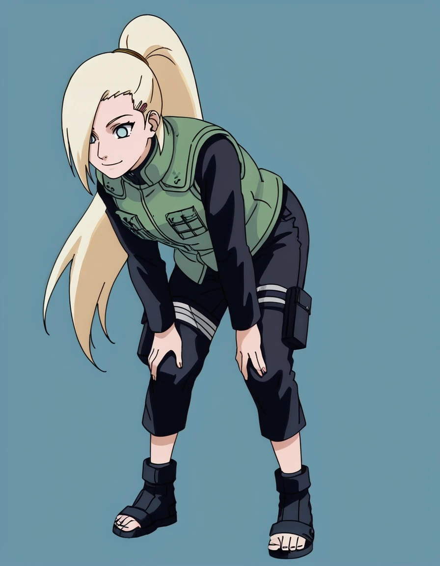 <lora:Ino_Yamanaka:1>, 1girl, solo, ino_yamanaka, uniform, green vest, black pants, black sleeves, toeless footwear,  leaning forward, smile, hands on legs, simple background