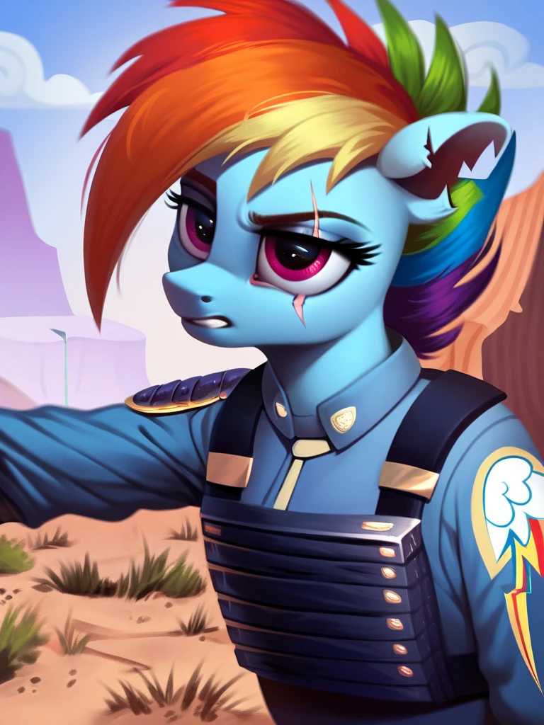 score_9, score_8_up, score_7_up, score_6_up, score_5_up, score_4_up, source_pony, anthro pony, Apocalypse_Rainbow_Dash, notched ear, scar across eye, mechanical wing, prosthetic wing, uniform, body armor, bulletproof vest, desert, detailed background, detailed face, detailed eyes, <lora:apocdash-v1:1>